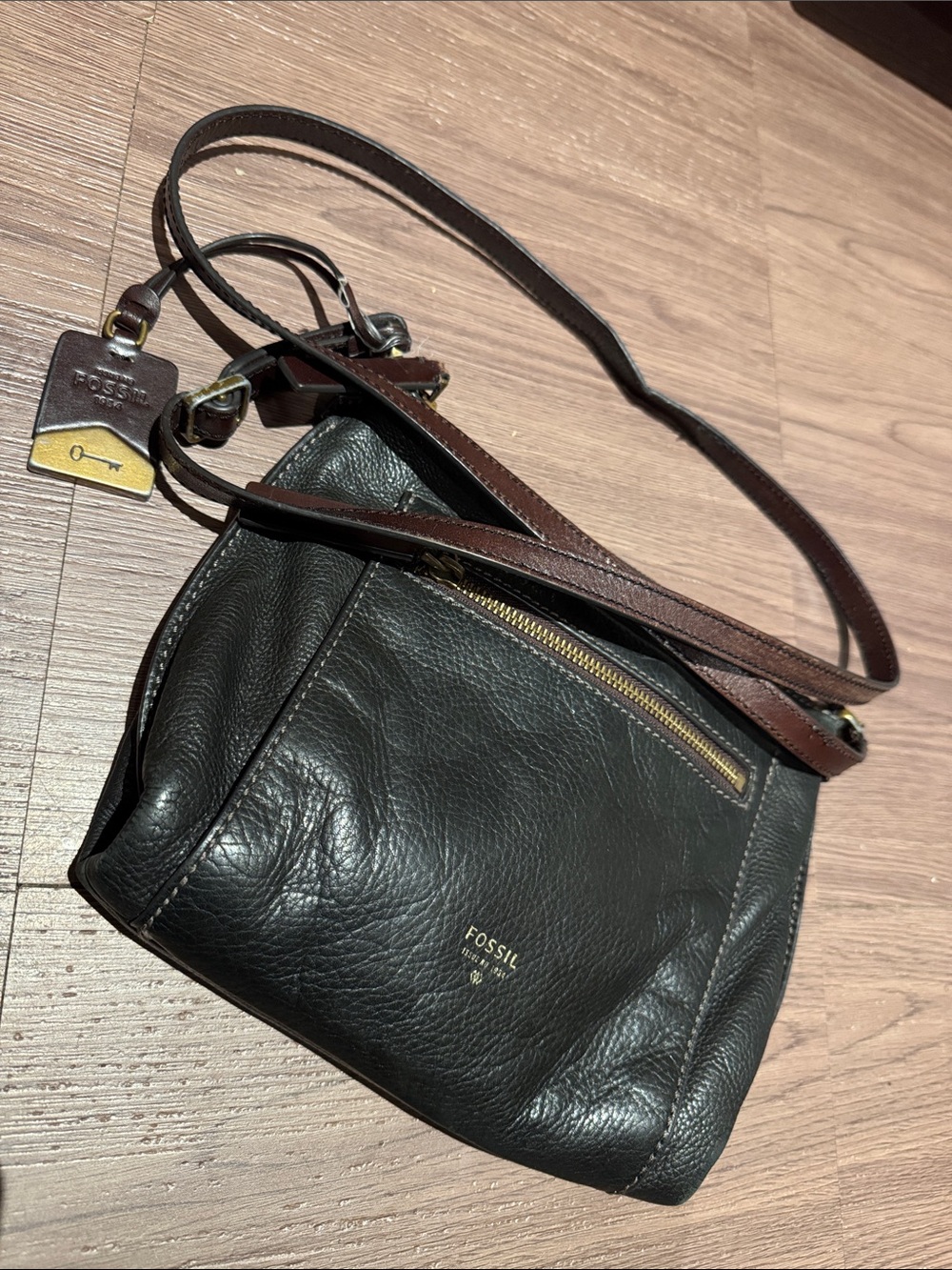 Fossil Black Leather  Bag with Brown Strap